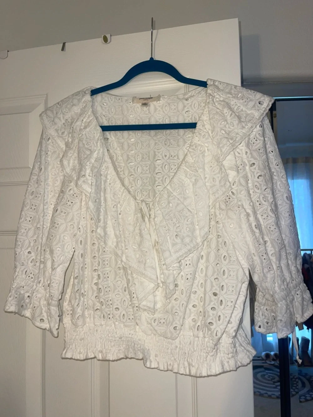 Anthropologie White Eyelet Ruffle Tie-Front Blouse